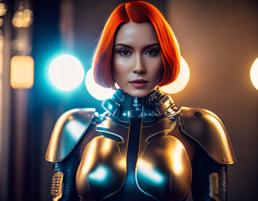 Futuristic woman with orange hair in black and gold suit against glowing lights