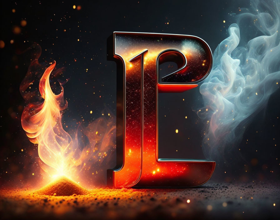 Dynamic fiery letter "L" with sparks and smoke on dark glowing background