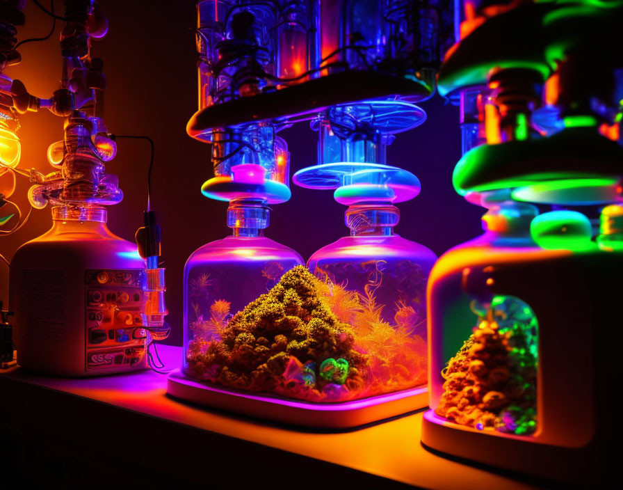 Colorful Glowing Terrariums with Vibrant Plants in Dark Room