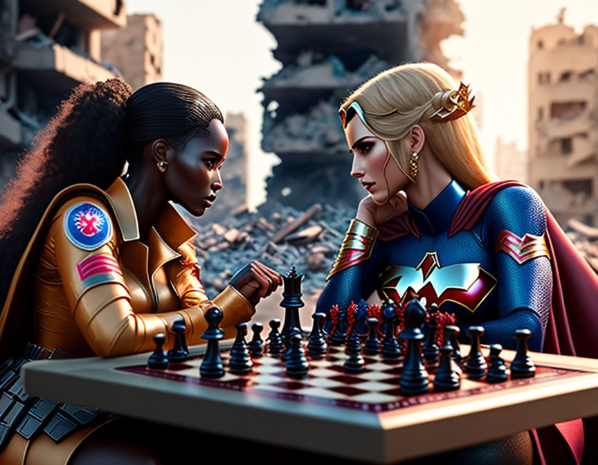 Animated women in superhero costume play chess in urban ruins