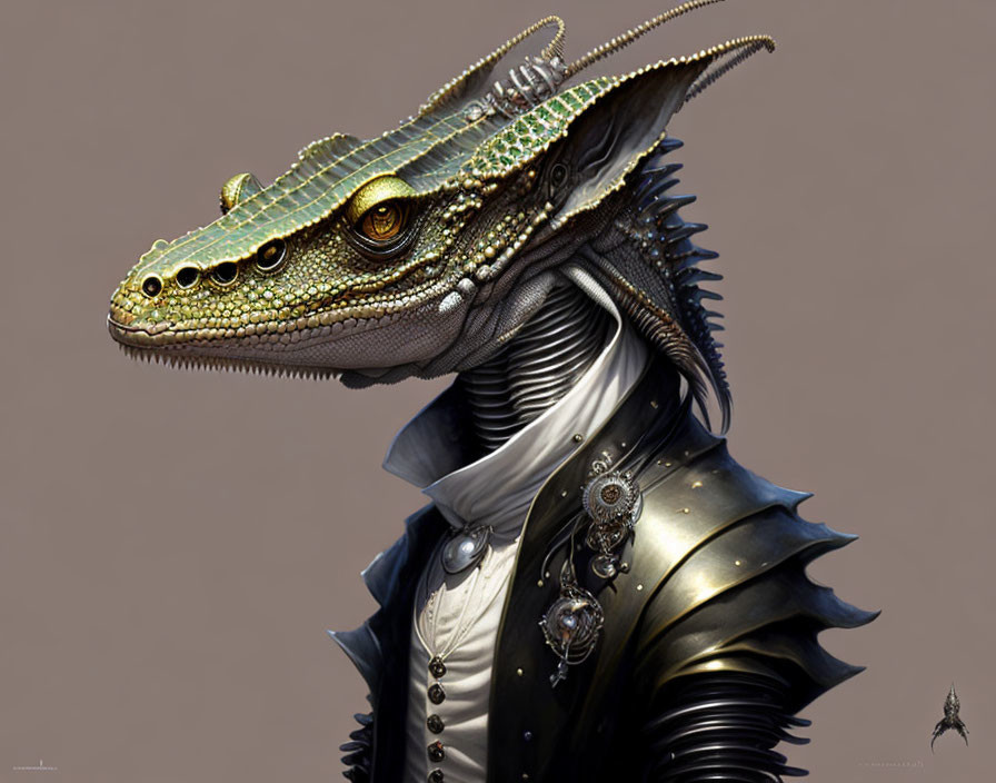 Digital artwork of humanoid reptilian creature in green scales and Victorian outfit