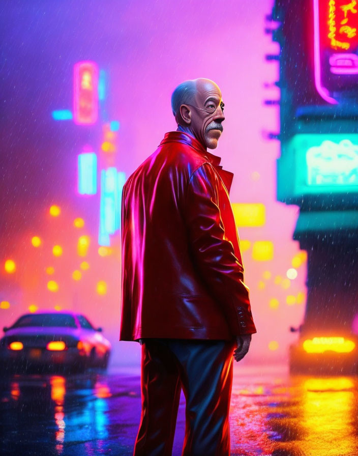 Man in Red Jacket Standing in Rainy Neon Night