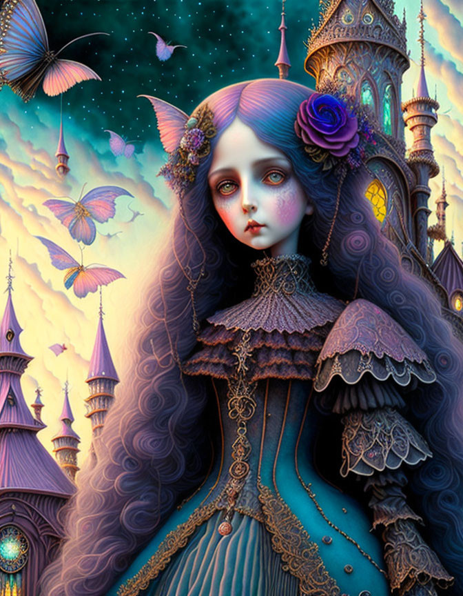 Gothic fantasy art of girl in blue hair and Victorian dress with castles and butterflies.