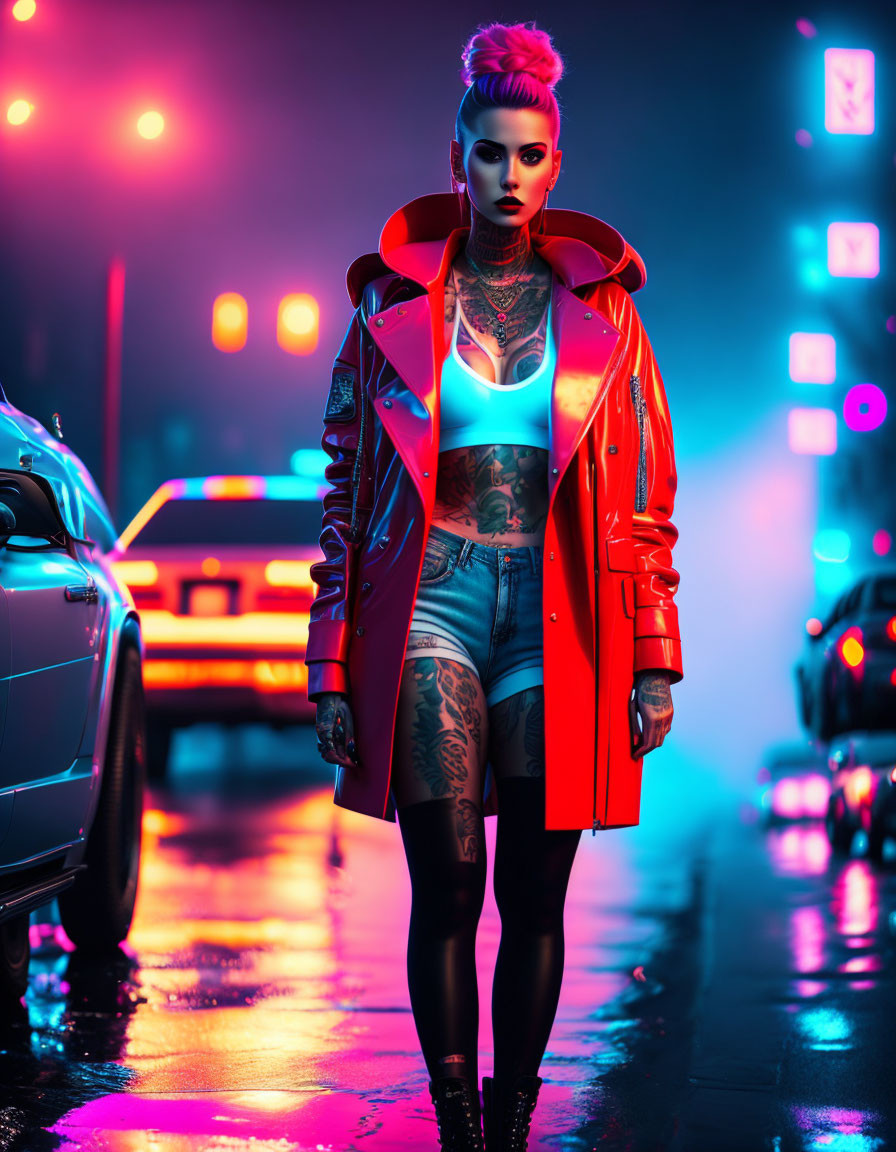 Confident woman with punk hairstyle and tattoos on neon-lit street at night