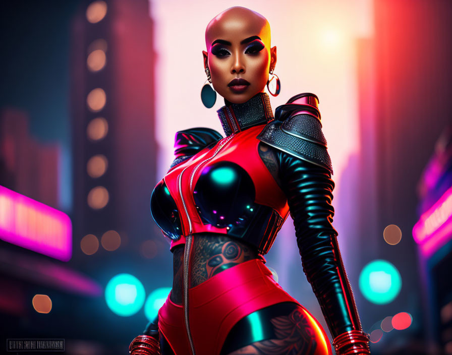 Bald Tattooed Model in Red Latex Outfit with Shoulder Armor against Night Cityscape