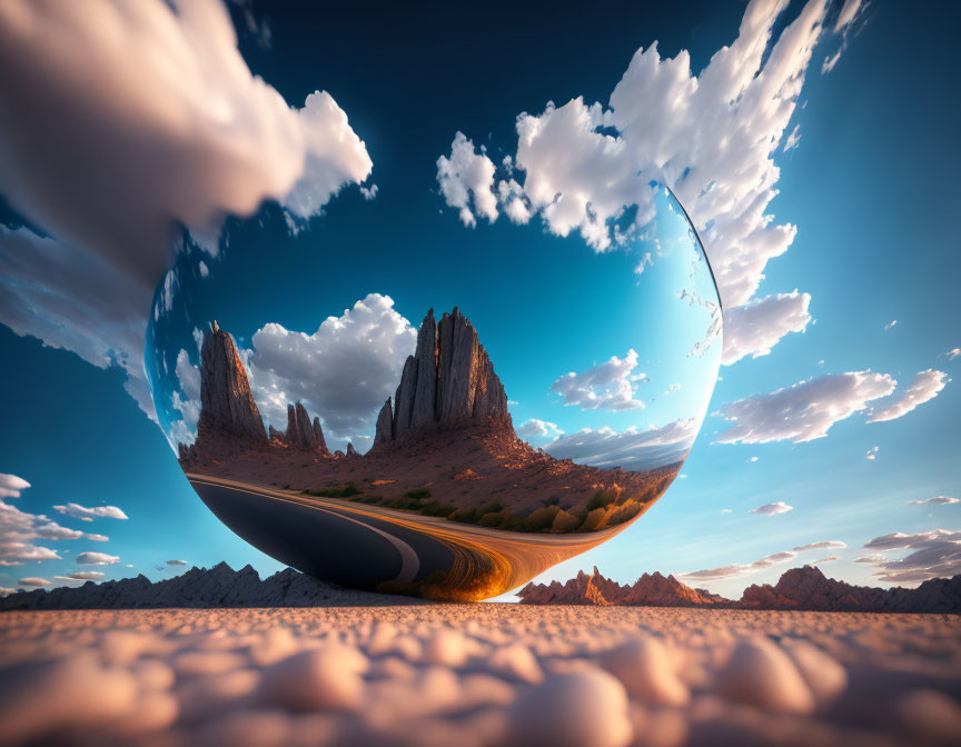 Surreal landscape with spherical mirror reflecting road and rock formations