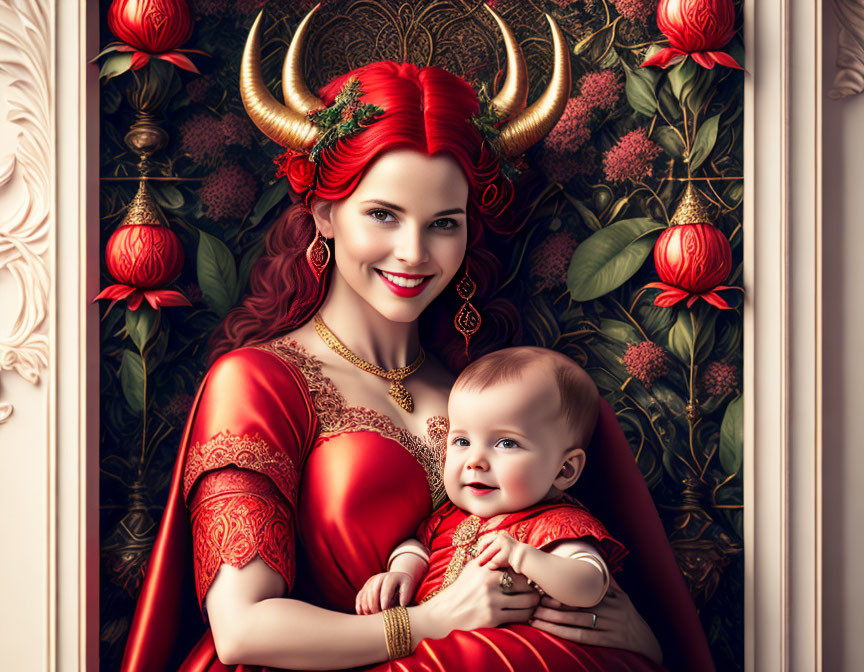 Woman with horns and red dress holding a baby in floral setting