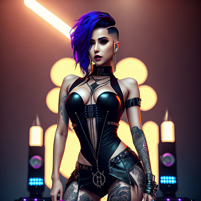 Vibrant blue hair woman in futuristic outfit against neon backdrop