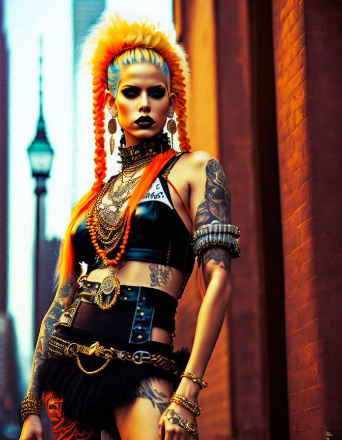 Punk-inspired woman with mohawk and tattoos in urban street scene