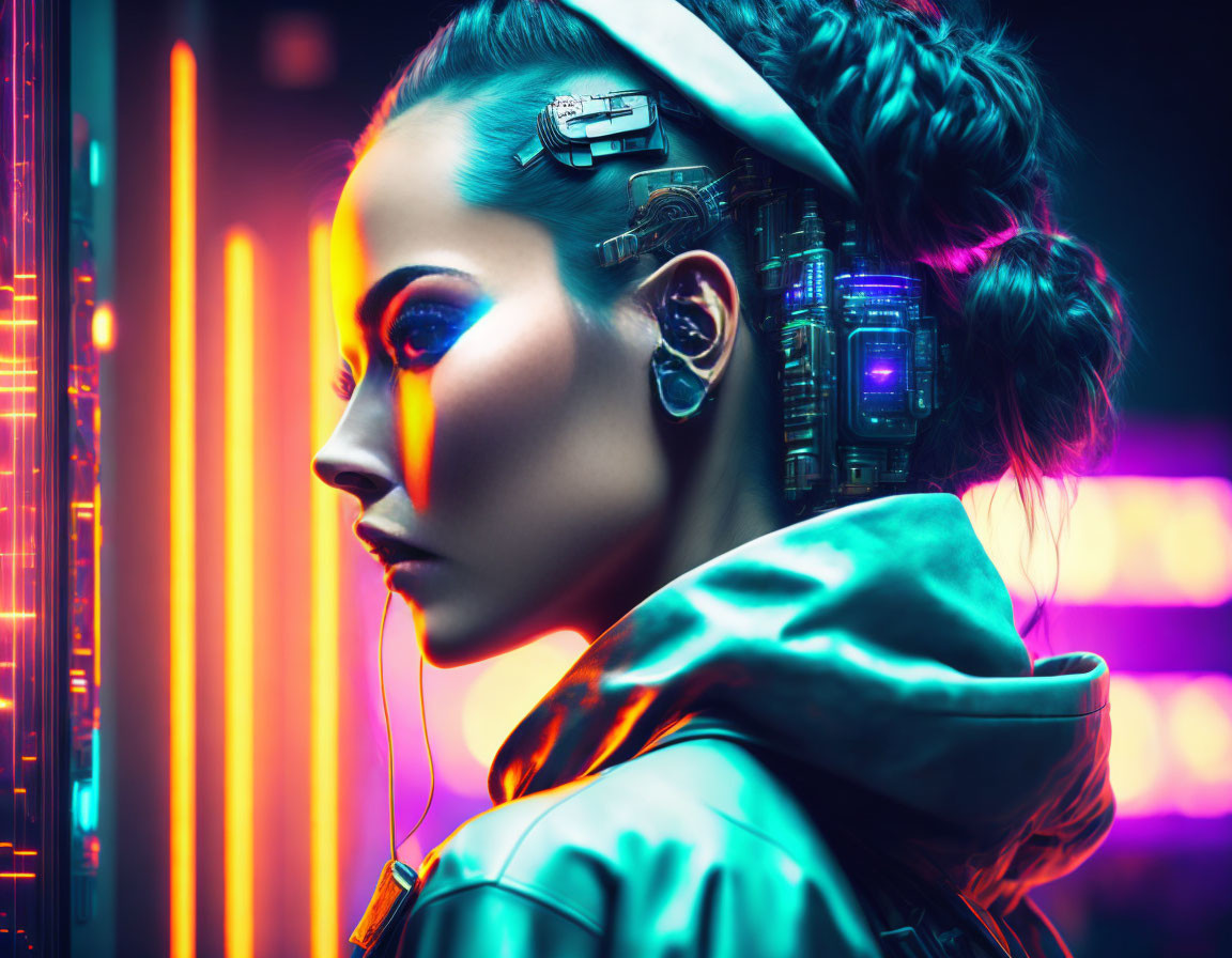 Cybernetically enhanced woman in neon-lit futuristic scene