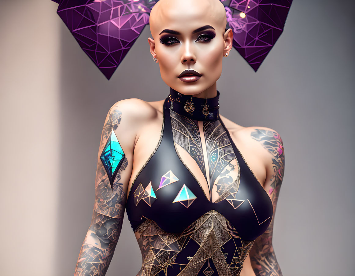 Tattooed bald woman in geometric bodysuit with polygonal earrings