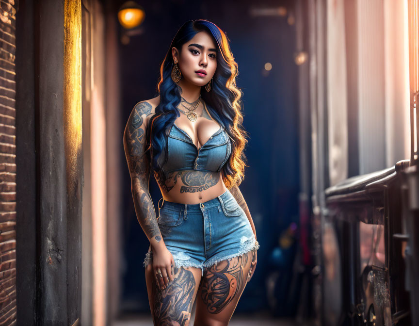 Tattooed woman in denim outfit in dimly lit alleyway