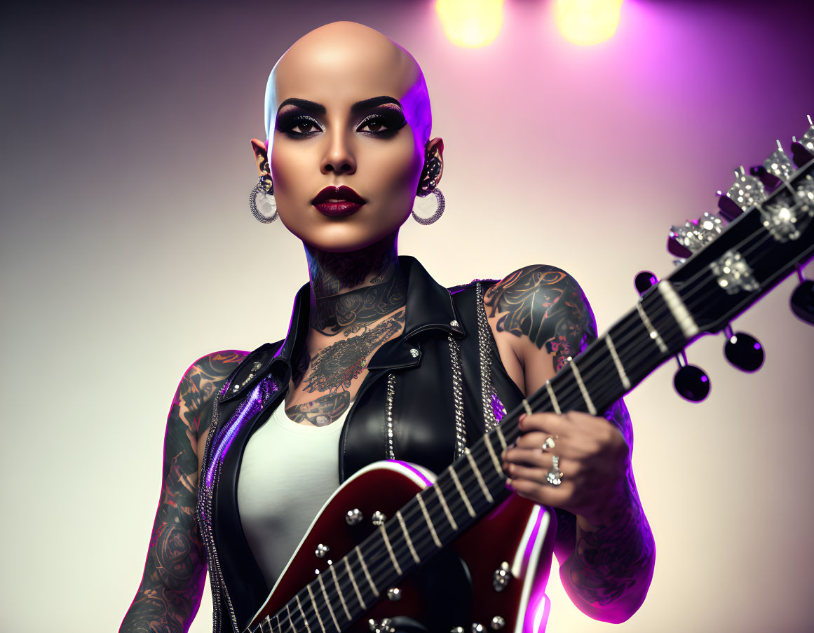 Bald Female with Tattoos in White Tank Top and Black Vest Holding Red Electric Guitar