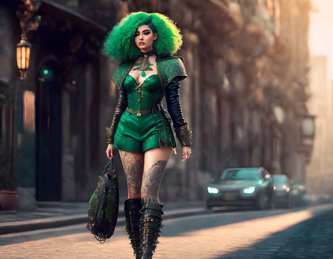 Vibrant green-haired woman with tattoos in stylish outfit on sunlit street