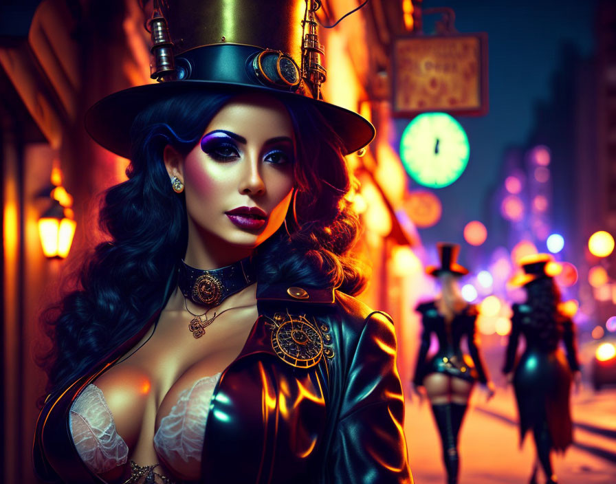 Steampunk woman in top hat and goggles in vibrant nighttime cityscape