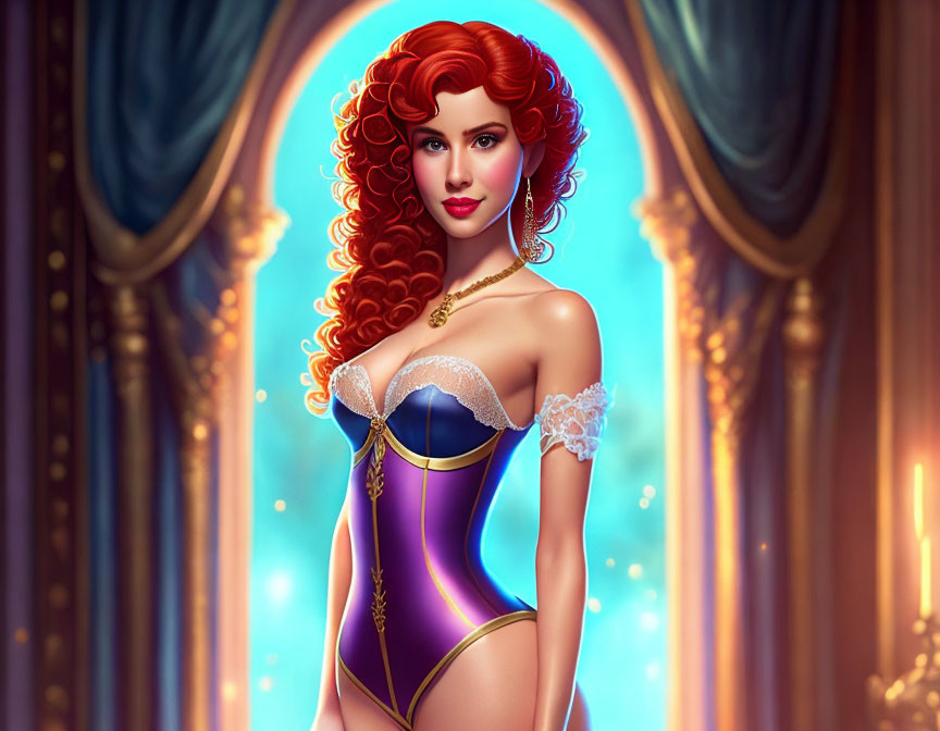 Stylized animated young woman with red curly hair in purple and gold corset, white lace,