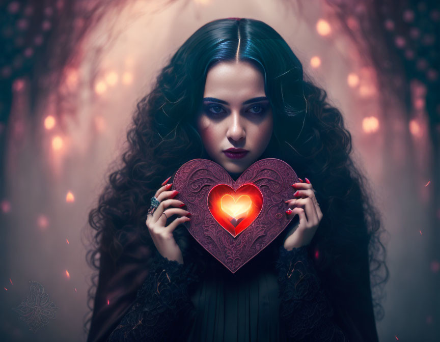 Dark-haired woman with captivating eyes holding luminous heart-shaped object in mystical ambiance