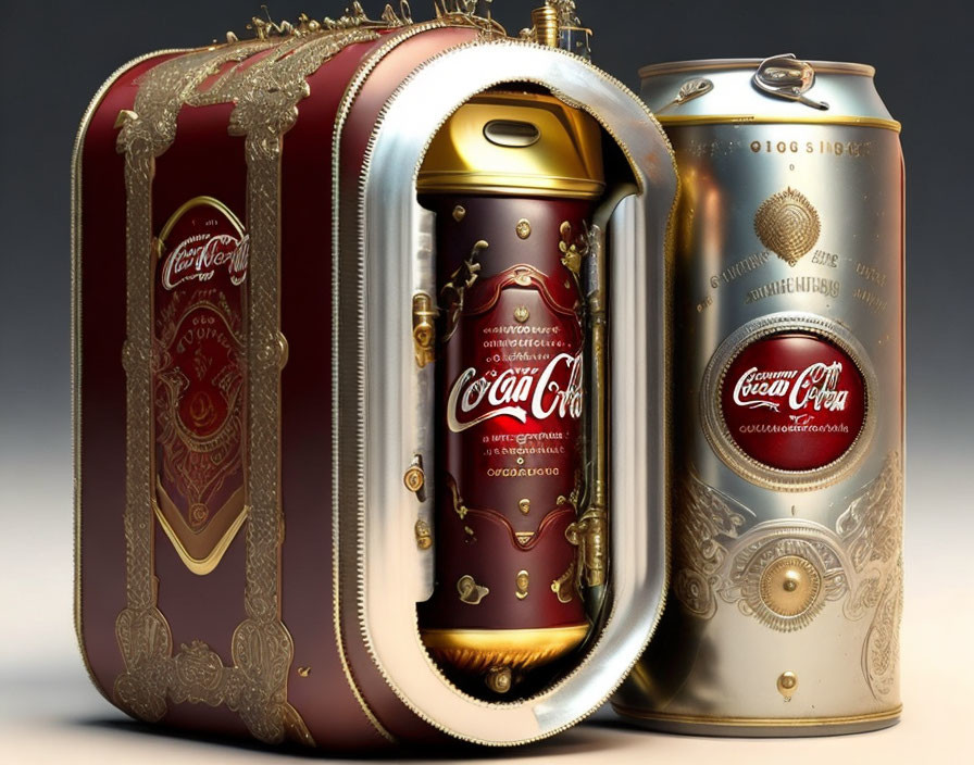 Gold and burgundy Coca-Cola can with luxurious suitcase in intricate patterns.