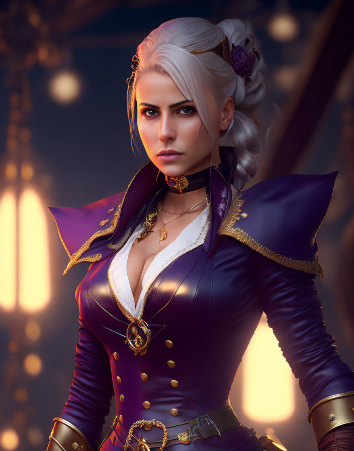 3D illustration of woman with white hair in purple and gold outfit