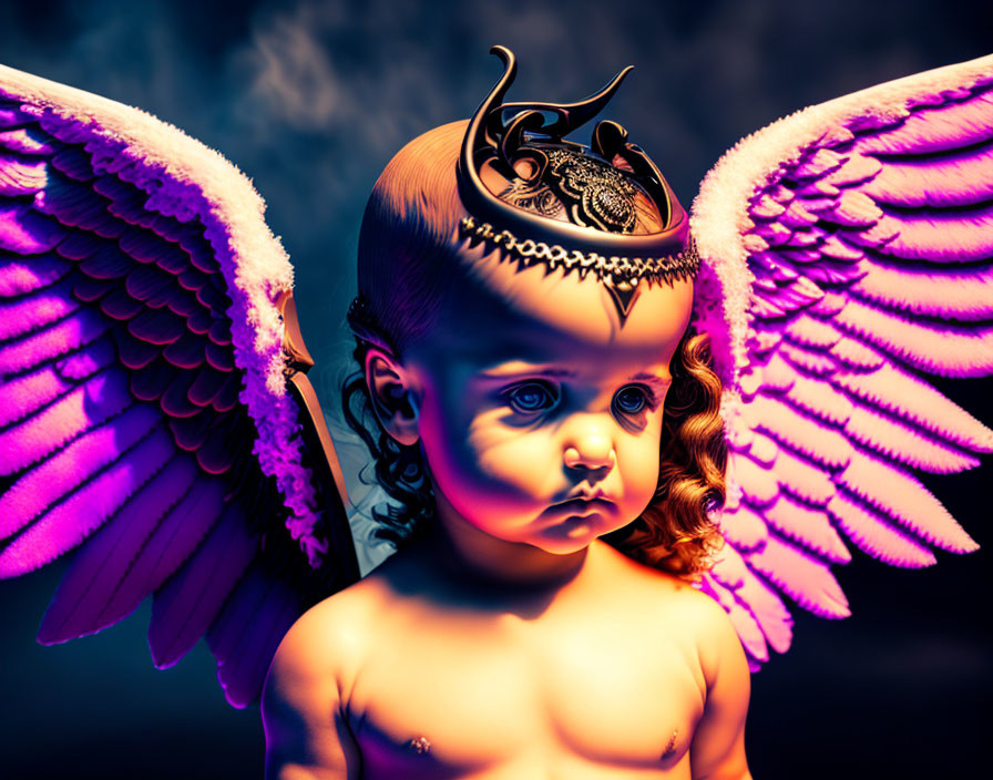 Baby with Angel Wings and Mechanical Crown on Dark Blue Background