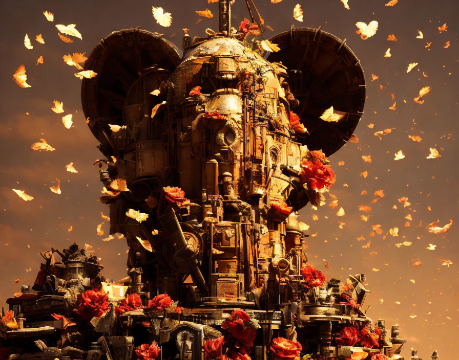 Intricate fantasy tower amidst fluttering orange leaves in warm amber sky