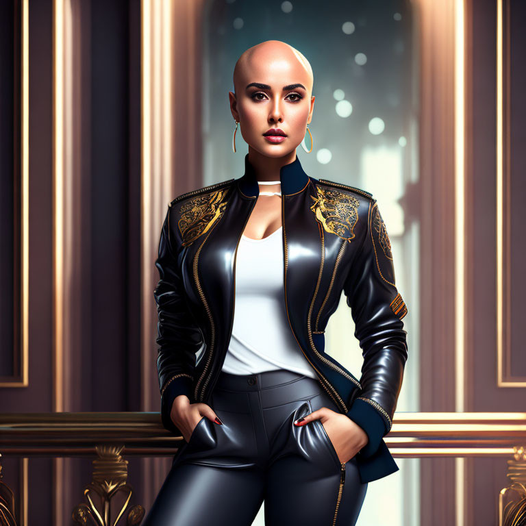 Confident bald woman in black leather outfit in luxurious room