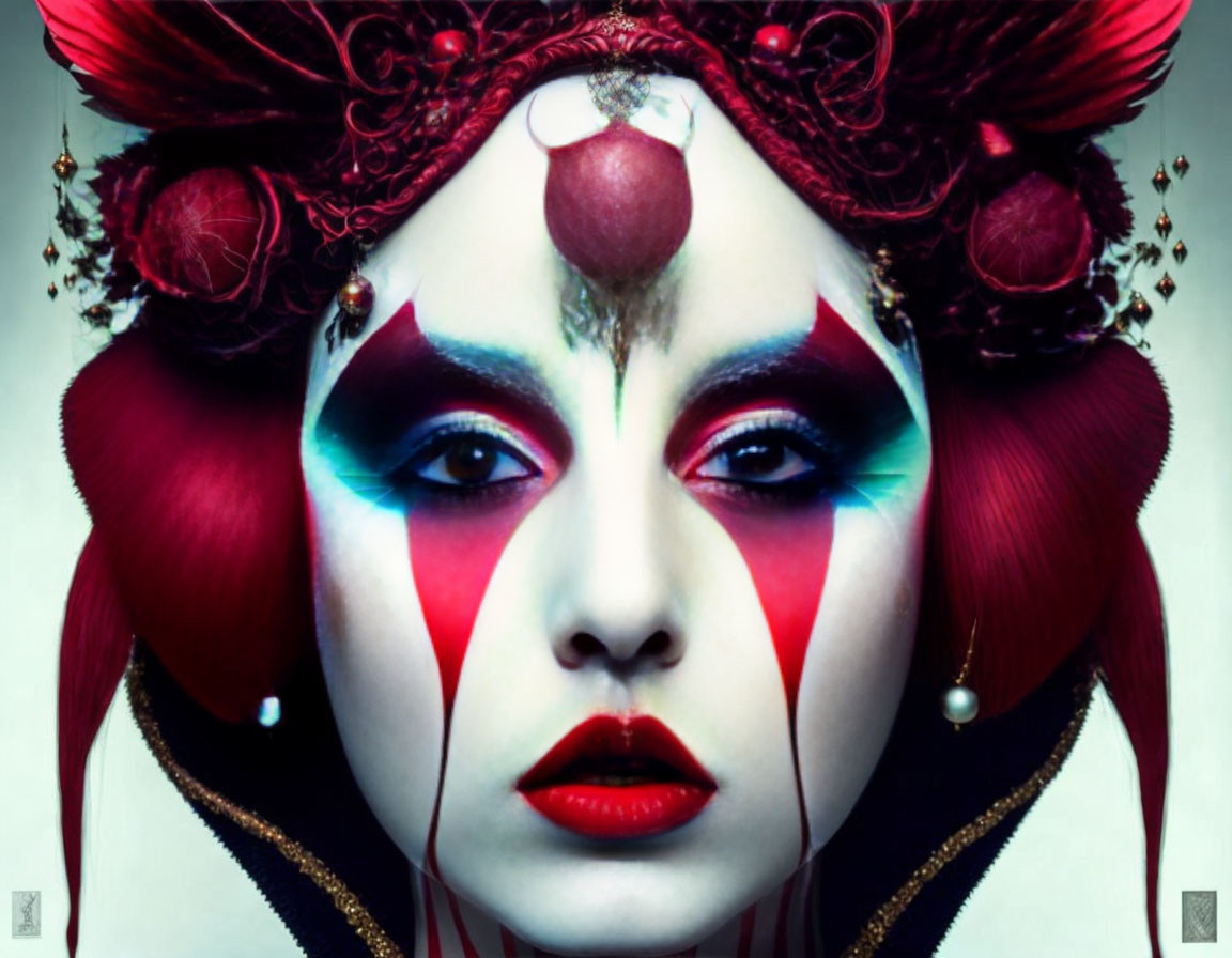 Dramatic red and white makeup with ornate headpiece and dark eye accents