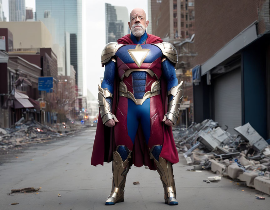 Superhero in Gold Armor Plates, Blue Suit, and Red Cape on Deserted City Street