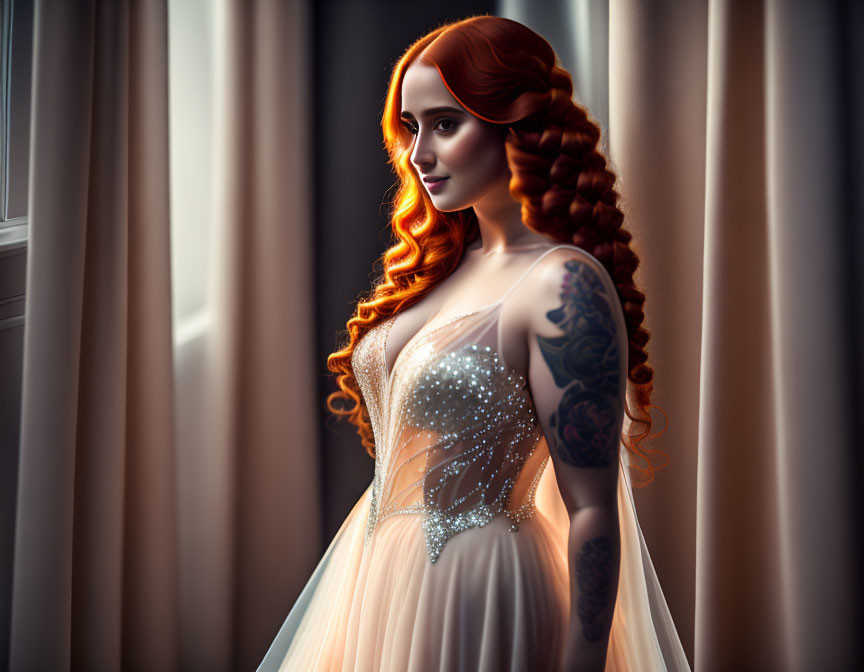 Red-haired woman with tattoos in elegant beaded dress looks out window