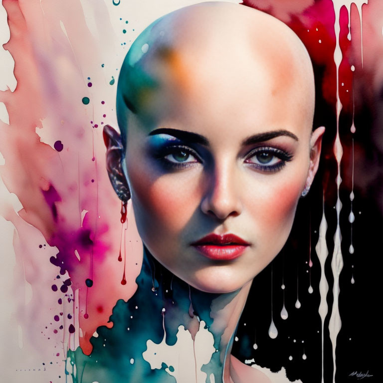 Colorful Watercolor Portrait of Bald Woman