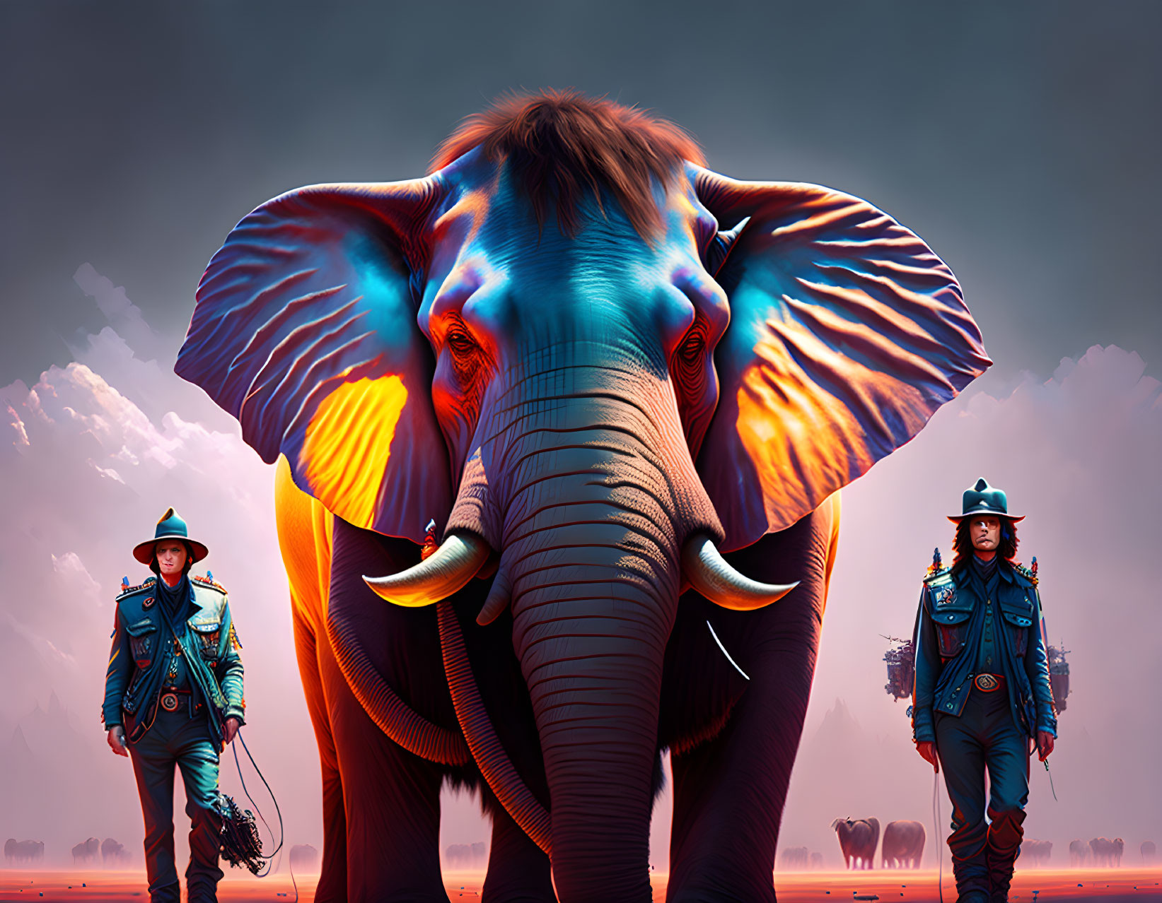 Digitally manipulated image: Elephant with colorful lighting and stylized cowboy figures.