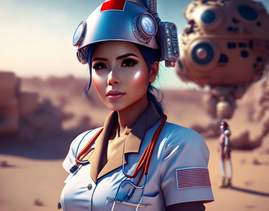 Futuristic astronaut woman with robot in desert landscape