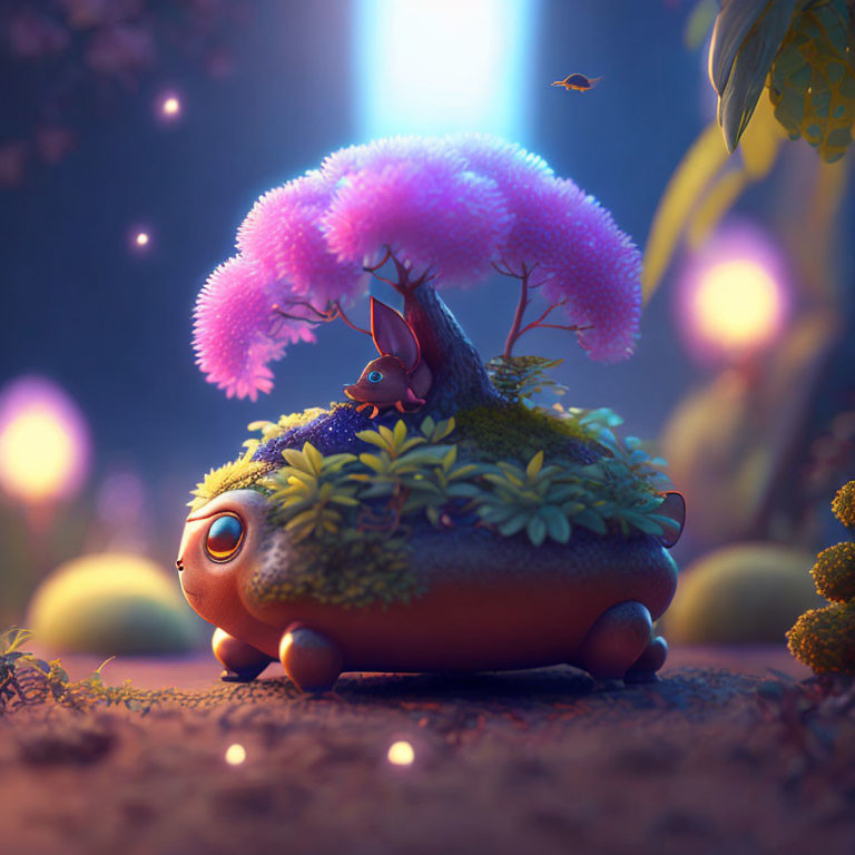 Fantastical scene: Rabbit under pink bonsai tree on round creature in enchanted forest