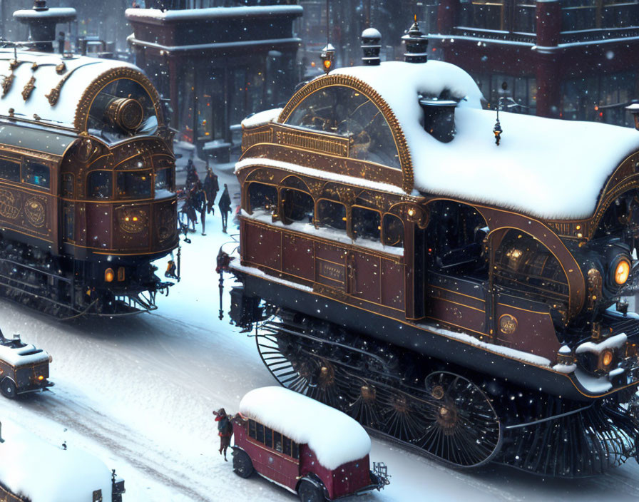 Vintage steam trains in snowy city scene with old cars and pedestrians