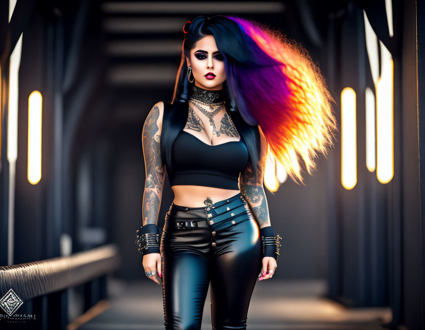 Vibrant rainbow hair woman in gothic attire on dark bridge