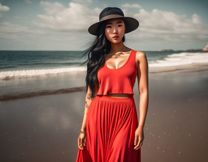 Woman in Red Dress and Black Hat on Beach with Waves and Clouds