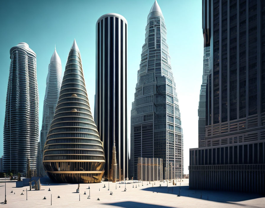 Futuristic cityscape with tall skyscrapers and diverse architecture