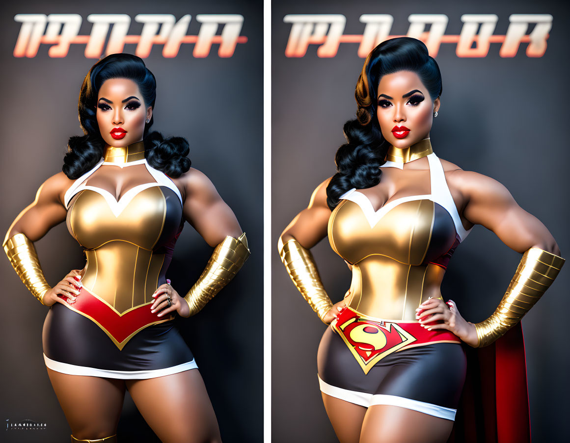 Stylized diptych portrait of woman in superhero costume with dramatic makeup