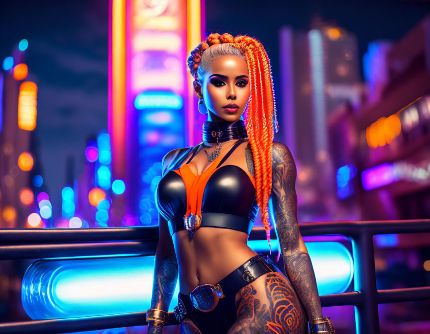 Woman with orange braided hair and cyberpunk attire in neon-lit cityscape