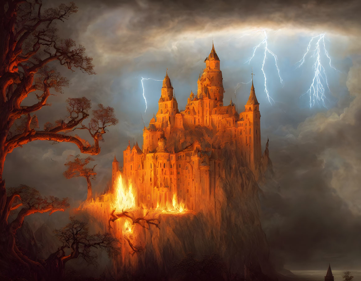 Majestic castle on craggy hill in fiery light with lightning storm