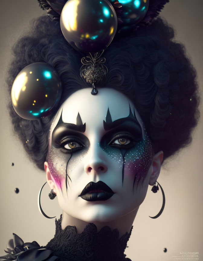 Portrait of woman with dramatic makeup: pale skin, black lips, starry eye designs, orbs in