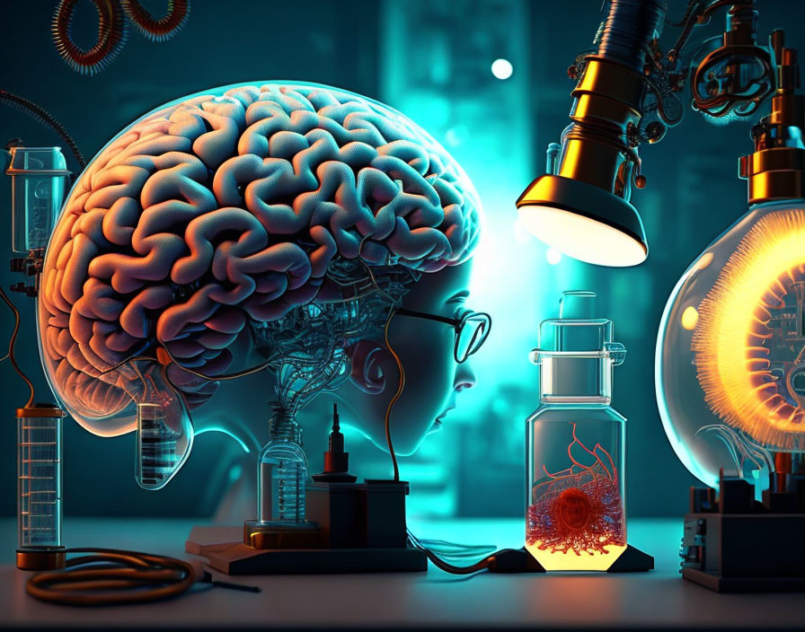 Digital artwork of human brain connected to scientific apparatus with neural structure in flask.