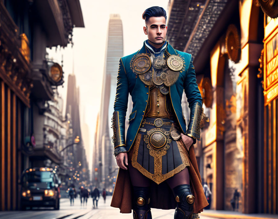 Steampunk-inspired man in ornate outfit on city street