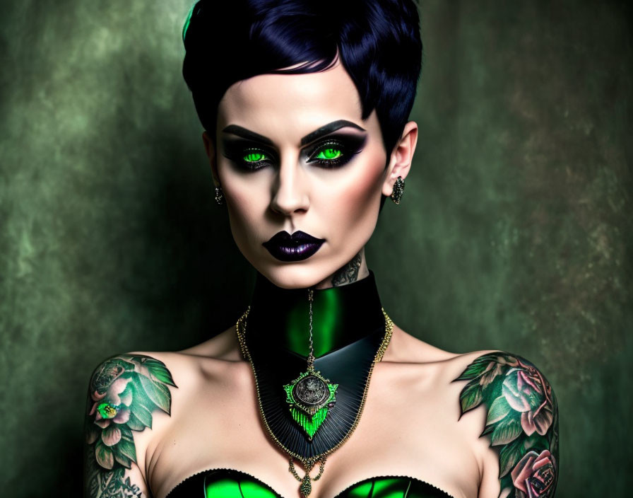 Dark-haired woman in vintage style with green eye makeup, attire, and tattoos.