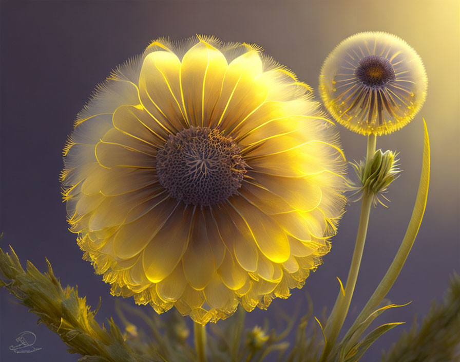 Yellow flowers close-up against blurred purple background capturing delicate petals and intricate details.