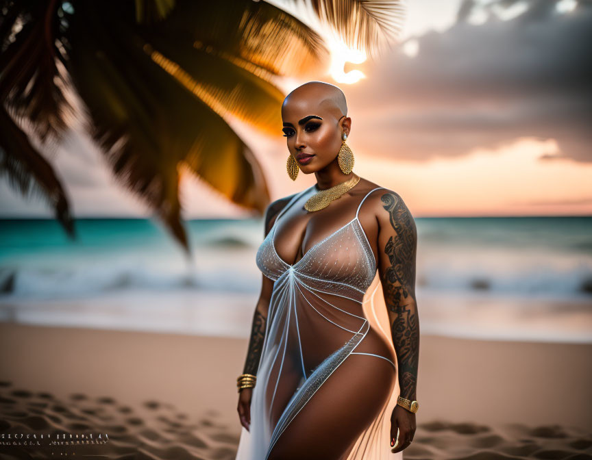 Bald Woman with Tattoos in White Dress on Beach at Sunset