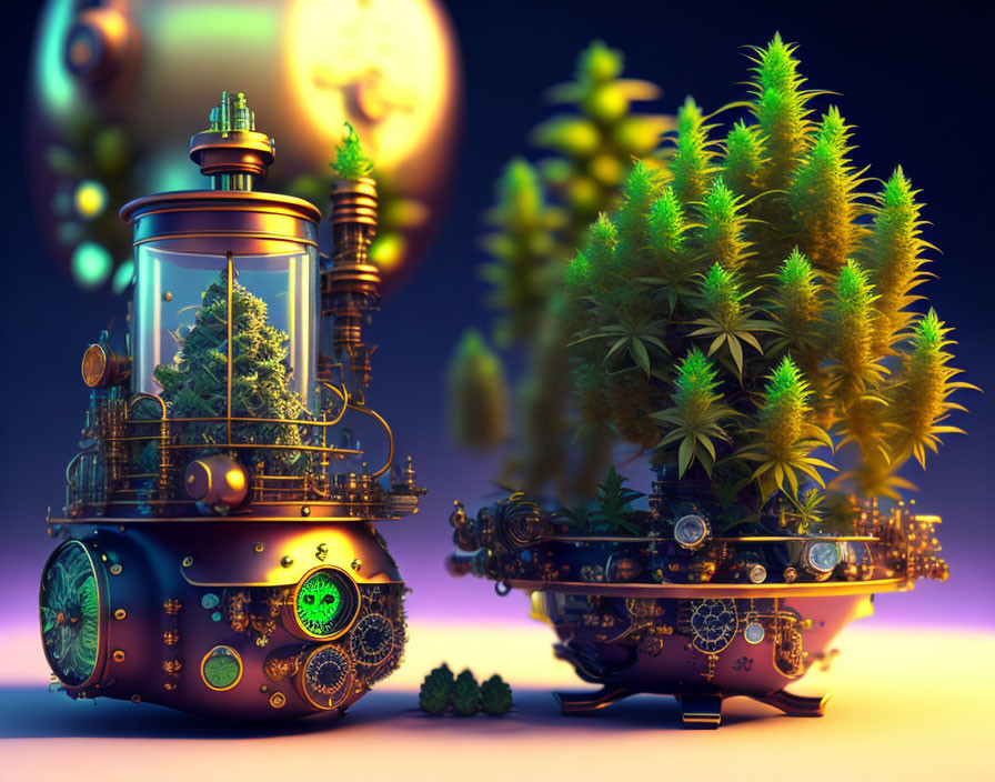 Intricate 3D steampunk terrariums with lush greenery and fantastical planet