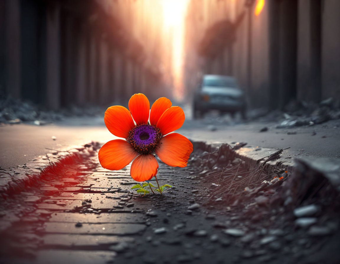 Vibrant red-orange flower in urban street crack with sunlight and blurred city backdrop