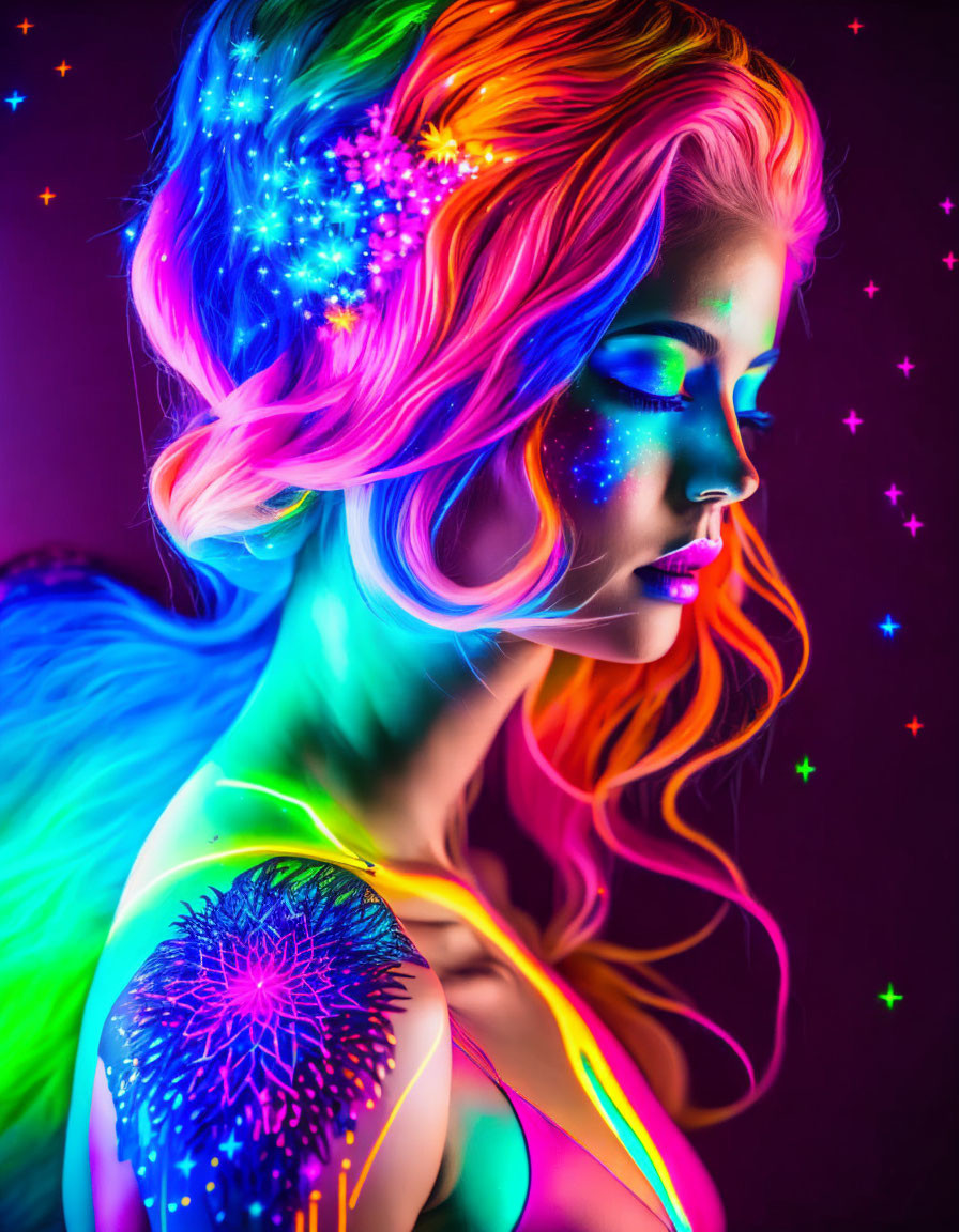 Colorful portrait of woman with neon makeup and star accents