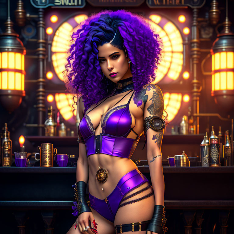 Digital image of woman with purple hair and tattoos in gothic attire with vintage bar backdrop